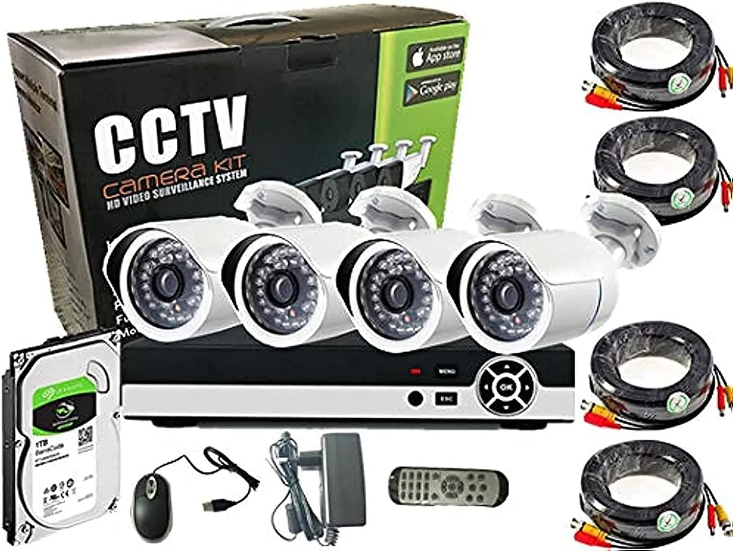 کیت دوربین مداربسته 4 کانال AHD Tomvision با هارد دیسک 1 ترابایتی 2.0 مگاپیکسل/1080P شامل 4 عدد دوربین بولت فلزی بیرونی و سیستم هشدار ابری P2P برای امنیت خانه