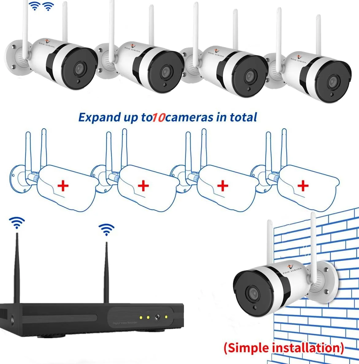 سیستم دوربین مداربسته بی سیم Tomvision [قابل گسترش تا 10 کانال، 5 مگاپیکسل] با هارد دیسک 1 ترابایتی با صدای دو طرفه، NVR 10 کاناله 4 عدد دوربین مداربسته وای فای دید در شب 5 مگاپیکسلی 2560P برای فضای داخلی و خارجی منزل