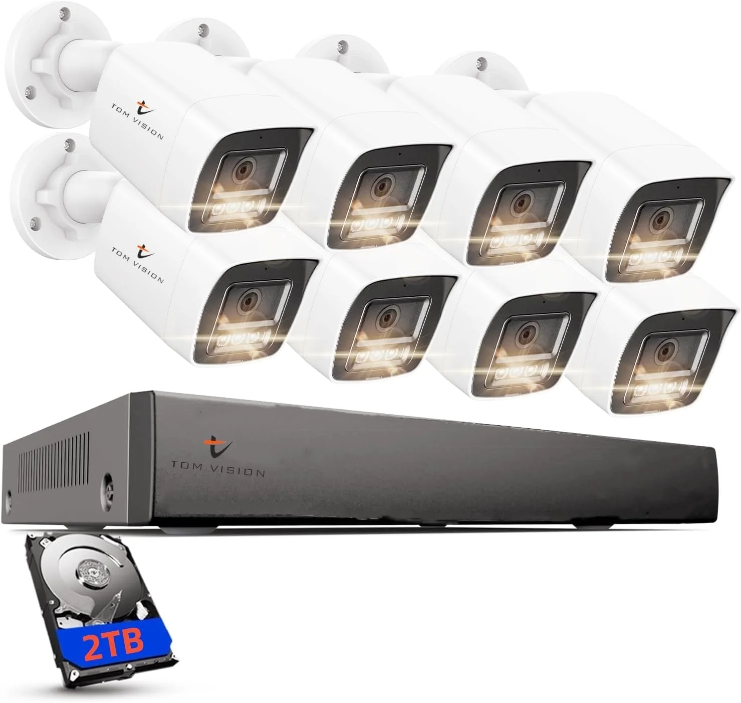 سیستم دوربین مداربسته تحت شبکه 3K 5MP PoE Tomvision، دستگاه ضبط NVR هشت کاناله با هارد دیسک 2 ترابایتی، 8 عدد دوربین مداربسته تحت شبکه 5 مگاپیکسلی UHD PoE با نور دوگانه هوشمند، تشخیص حرکت، دید در شب رنگی، ضد آب IP66