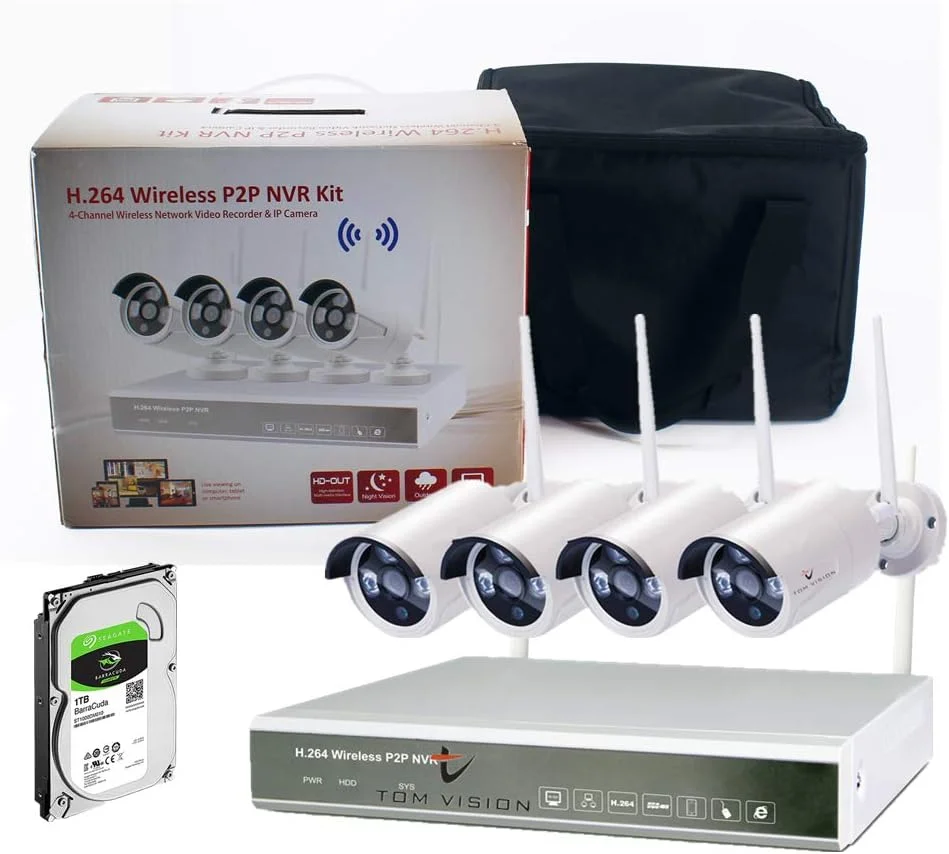 کیت کامل دوربین مداربسته بی سیم 4 کانال Tomvision P2P با NVR وای فای 4CH، ضد آب، دید در شب IR 1080P با هارد دیسک 1 ترابایتی و 1 عدد آنتن