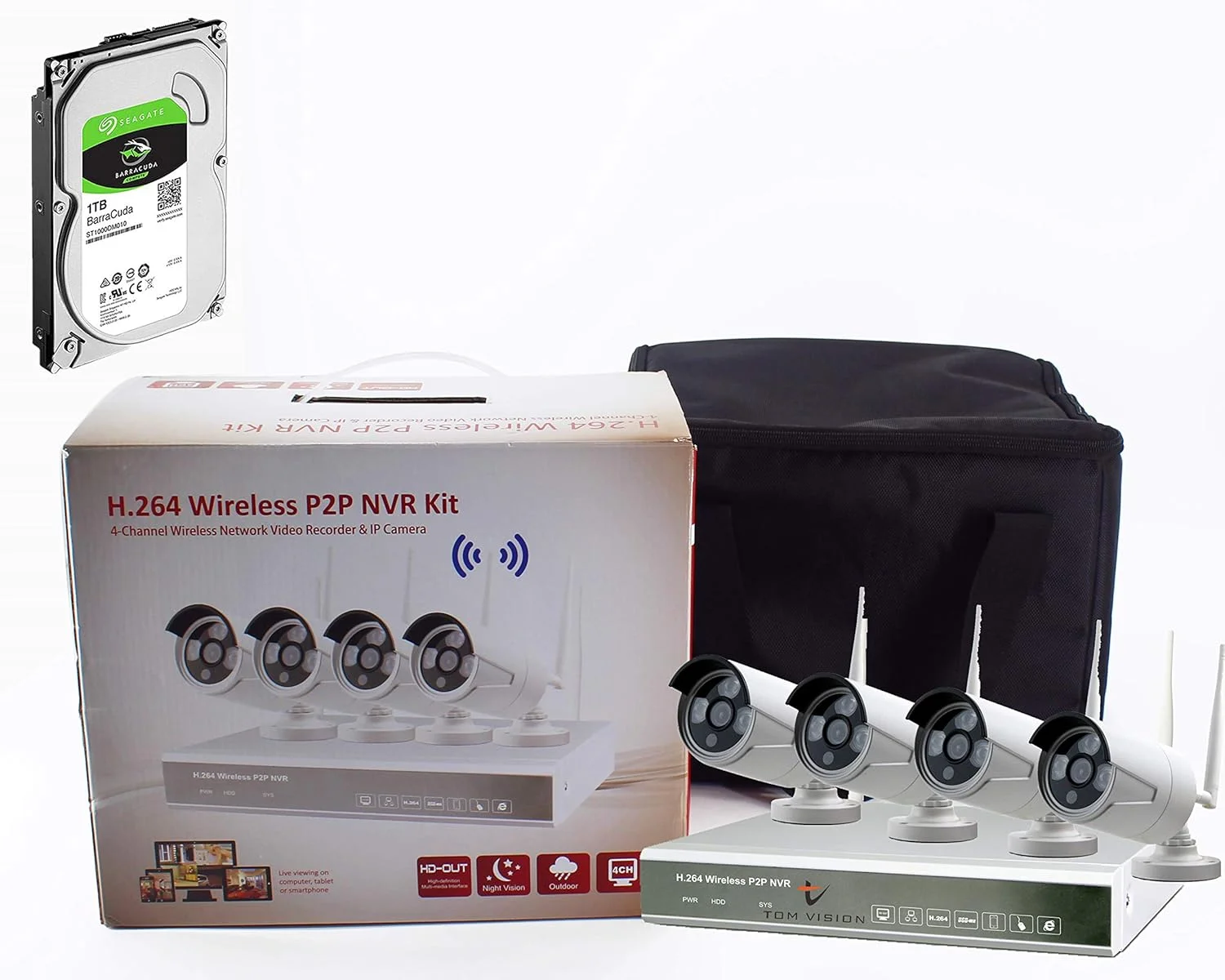 کیت کامل دوربین مداربسته بی سیم 4 کانال Tomvision P2P با NVR وای فای 4CH، ضد آب، دید در شب IR 1080P با هارد دیسک 1 ترابایتی و 1 عدد آنتن کیت کامل دوربین مداربسته بی سیم 4 کانال Tomvision P2P با NVR وای فای 4CH، ضد آب، دید در شب IR 1080P با هارد دیسک 1 ترابایتی و 1 عدد آنتن