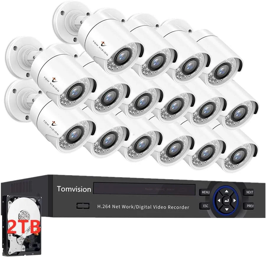 سیستم نظارت تصویری 16 کانال Tomvision Full HD 2.0MP، دستگاه ضبط ویدیویی 16 کاناله H.265+ DVR AHD به همراه 16 عدد دوربین مداربسته بولت دید در روز/شب مادون قرمز