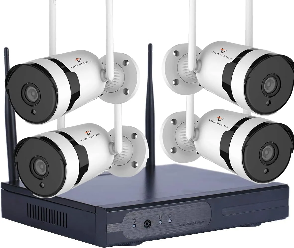سیستم نظارت تصویری بی سیم Tomvision IP66 دوربین مداربسته خانگی WIFI دید در شب تمام رنگی آنتن دوتایی صوتی 2 طرفه تشخیص حرکت هوشمند، NVR قابل ارتقا 8 کاناله و 4 عدد دوربین بولت 3.0 مگاپیکسلی (بدون هارد دیسک)