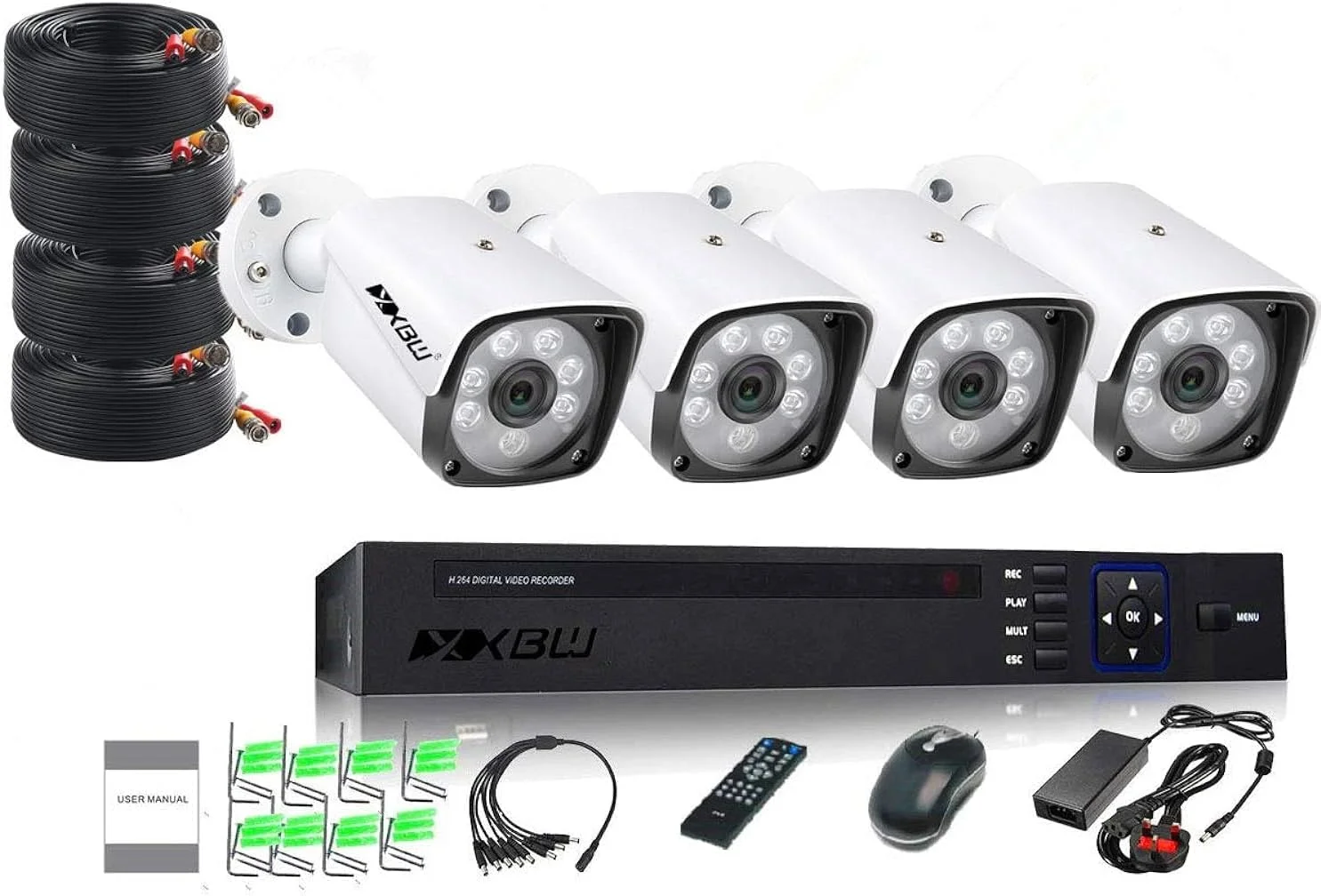 کیت امنیتی دوربین مداربسته 4 کانال XBW 1080P/2.0MP با دوربین 1920X1080، کیت DVR نظارتی 4 کاناله با 8 عدد دوربین گلوله ای فلزی 2.0 مگاپیکسلی 1080P مناسب فضای باز، سیستم هشدار و امنیت منزل (بدون هارد دیسک)