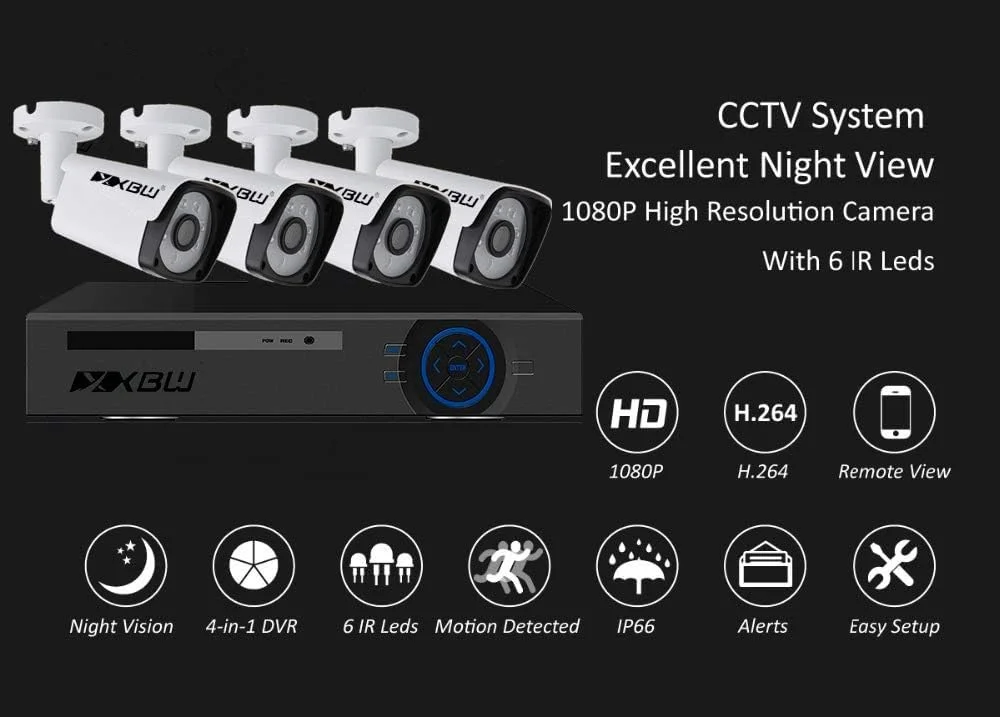 کیت امنیتی دوربین مداربسته 4 کانال XBW 1080P/2.0MP با دوربین 1920X1080، کیت DVR نظارتی 4 کاناله با 8 عدد دوربین گلوله ای فلزی 2.0 مگاپیکسلی 1080P مناسب فضای باز، سیستم هشدار و امنیت منزل (بدون هارد دیسک)