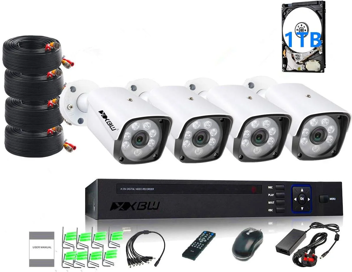 کیت امنیتی دوربین مداربسته 4 کانال XBW 1080P/2.0MP با دوربین 1920X1080، کیت DVR نظارتی 4 کانال با 8 عدد دوربین بولت فلزی 2.0 مگاپیکسلی 1080P مناسب فضای باز، سیستم هشدار و امنیت منزل P2P با هارد دیسک 1 ترابایتی