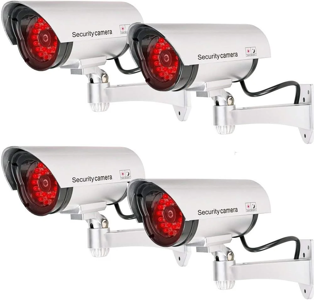 دوربین مداربسته دام XBW مدل گلوله ای، دوربین امنیتی نظارتی جعلی برای داخل و خارج ساختمان با 30 چراغ LED و برچسب های هشدار امنیتی، بسته 4 عددی، نقره ای