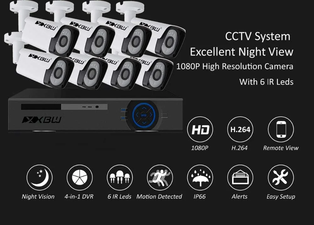 کیت امنیتی دوربین مداربسته 8 کاناله XBW با کیفیت 1080P/2.0MP و رزولوشن 1920X1080، شامل DVR نظارتی 8 کاناله با 8 عدد دوربین بولت فلزی 2.0 مگاپیکسلی 1080P مناسب فضای باز، سیستم هشدار و P2P برای امنیت خانه (بدون هارد دیسک)