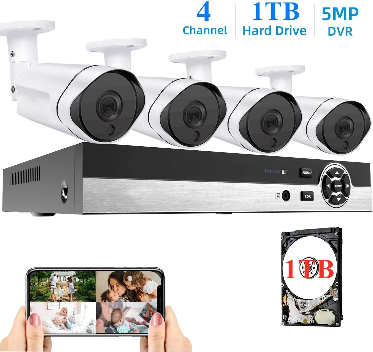 سیستم دوربین مداربسته 4 مگاپیکسلی، سیستم نظارت تصویری مداربسته 4 عددی بولت مناسب فضای باز، کیت DVR 4 کاناله، دوربین تجاری فوق العاده AHD 4 مگاپیکسلی برای تشخیص حرکت شب و روز (4 کاناله - 1 ترابایت هارد دیسک)