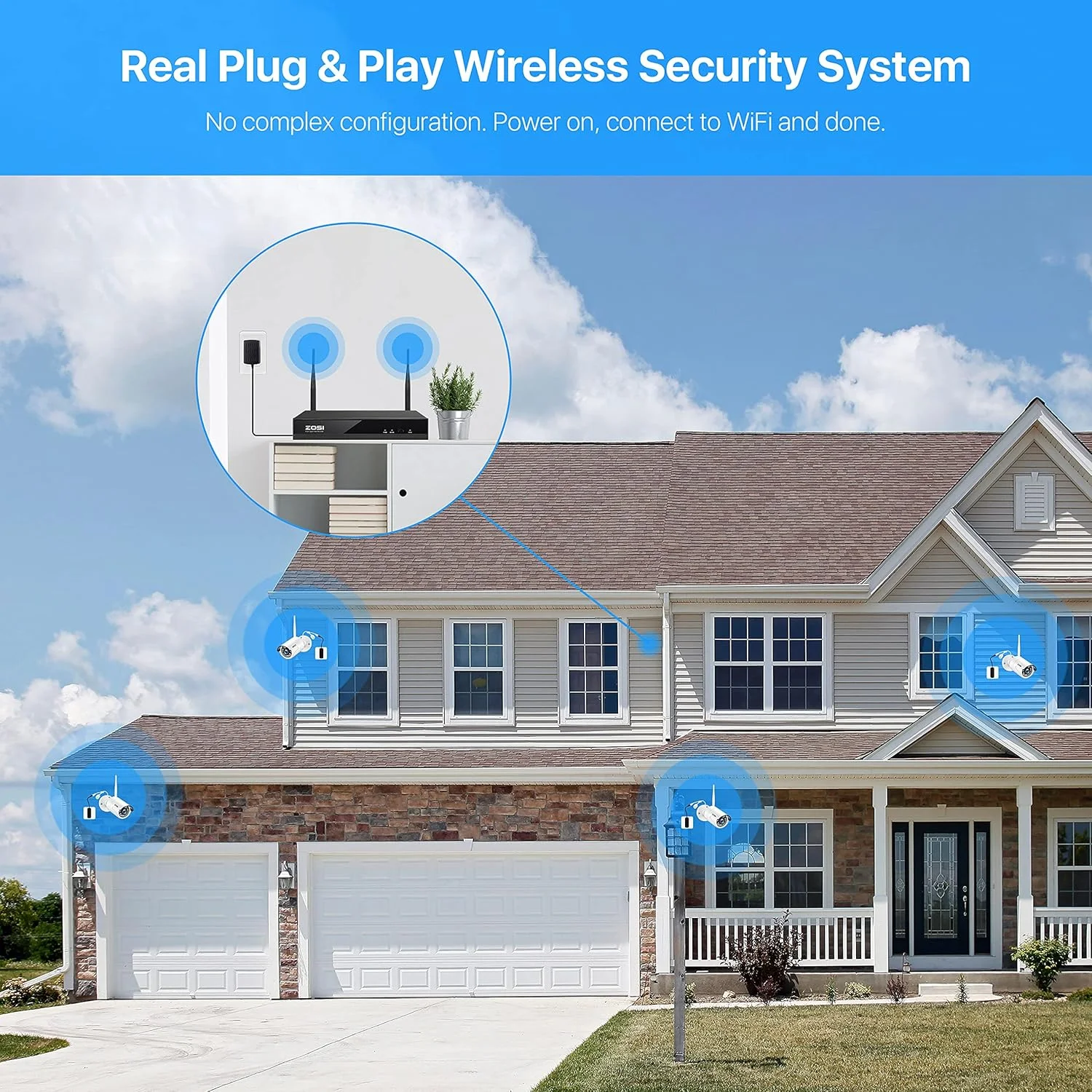 سیستم دوربین مداربسته بیسیم 8 کانال ZOSI 1080P HD، دستگاه ضبط ویدیویی 8 کانال 1080P با هارد دیسک 2 ترابایتی و (8) دوربین بولت IP با کیفیت HD 2.0MP 1080P مناسب فضای داخلی/خارجی با دید در شب 20 متری و قابلیت تشخیص حرکت قابل تنظیم