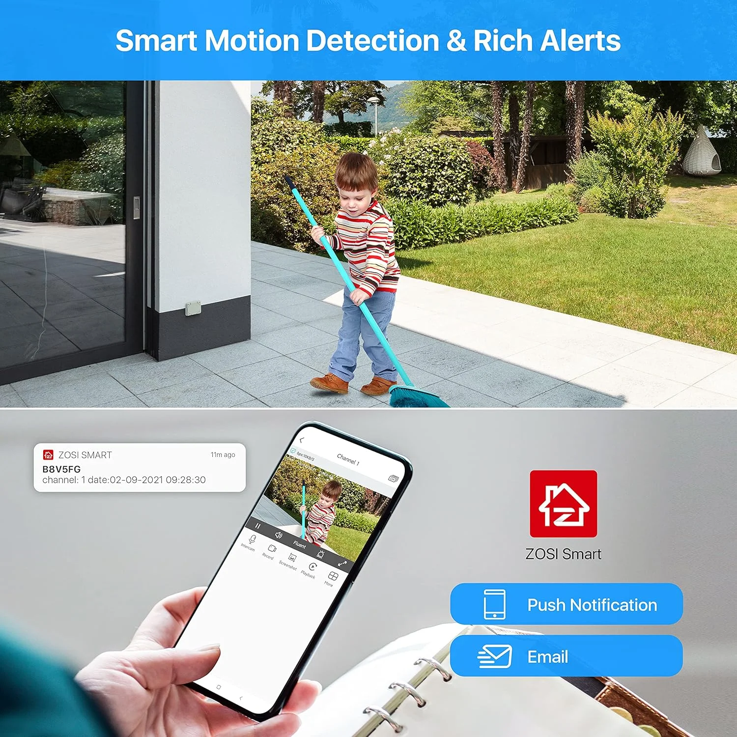 سیستم دوربین مداربسته بیسیم 8 کانال ZOSI 1080P HD، دستگاه ضبط ویدیویی 8 کانال 1080P با هارد دیسک 2 ترابایتی و (8) دوربین بولت IP با کیفیت HD 2.0MP 1080P مناسب فضای داخلی/خارجی با دید در شب 20 متری و قابلیت تشخیص حرکت قابل تنظیم
