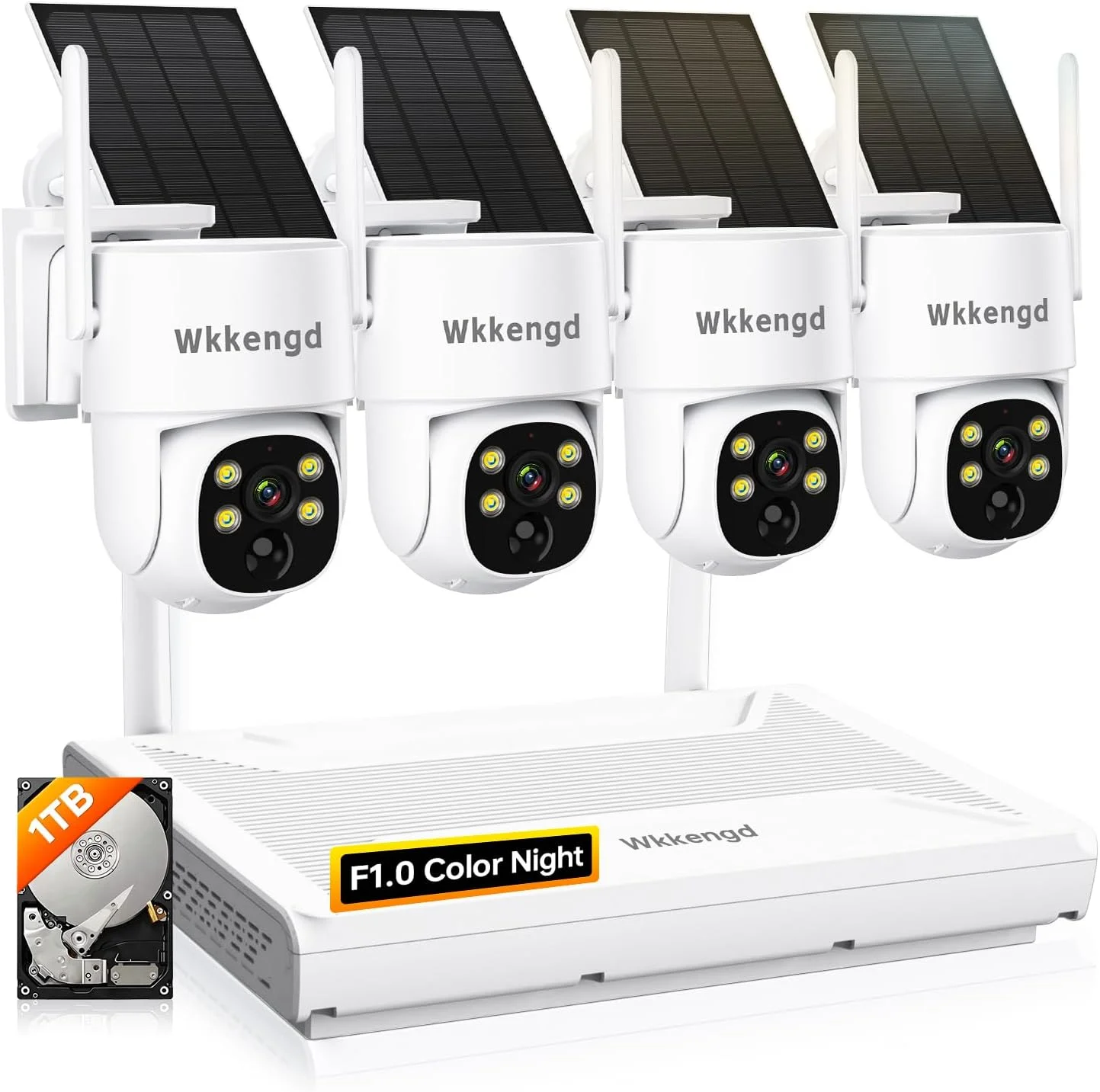 دوربین های امنیتی خورشیدی بی سیم Wkkengd برای فضای باز، سیستم دوربین های PTZ امنیتی خانگی با باتری، هارد دیسک 1 ترابایتی، دید در شب رنگی 2K، تشخیص هوش مصنوعی، 5G و 2.4G