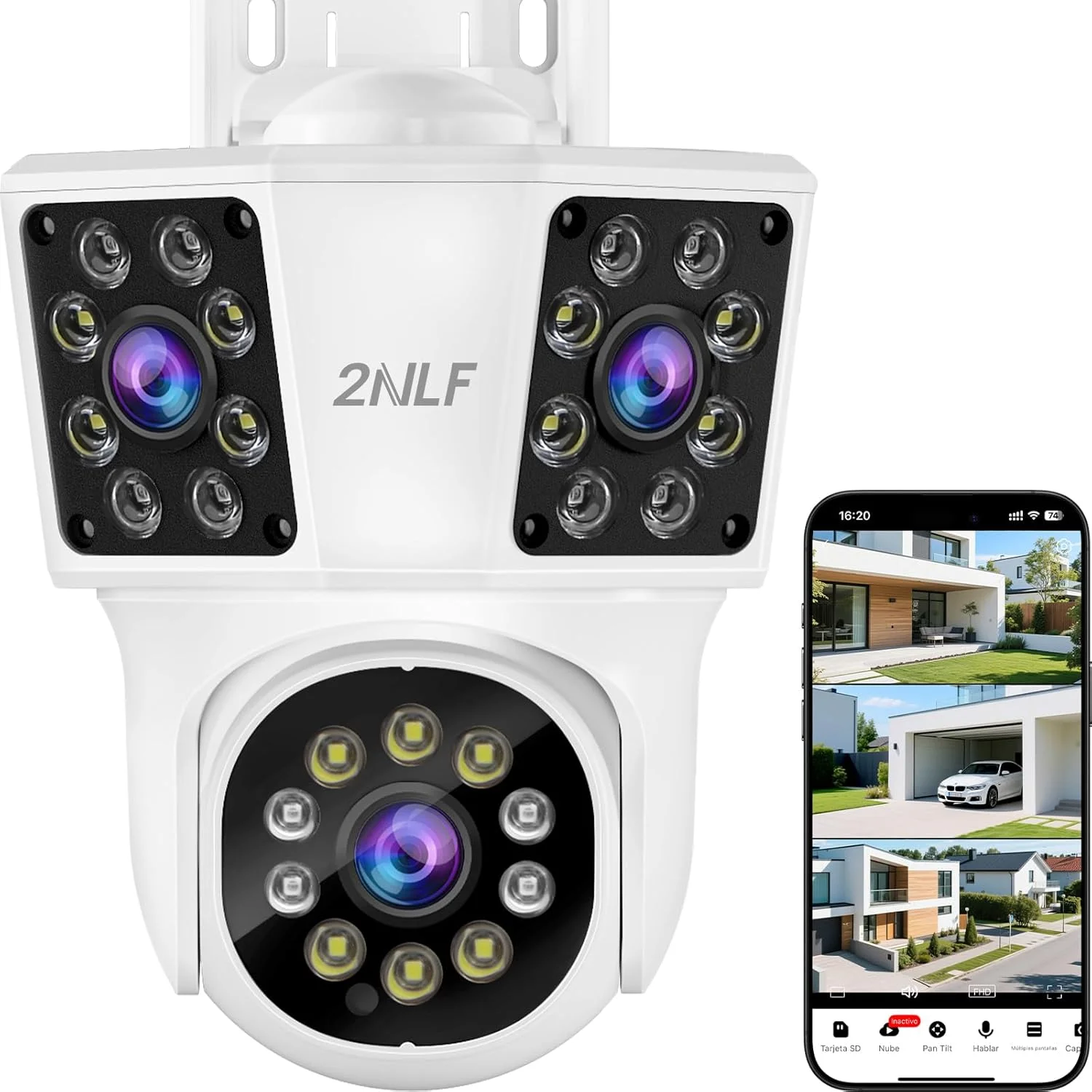 دوربین امنیتی فضای باز 4 مگاپیکسلی 2NLF با 3 لنز، دوربین امنیتی وای فای با دید 360 درجه، تشخیص حرکت، ردیابی خودکار، صدای دو طرفه