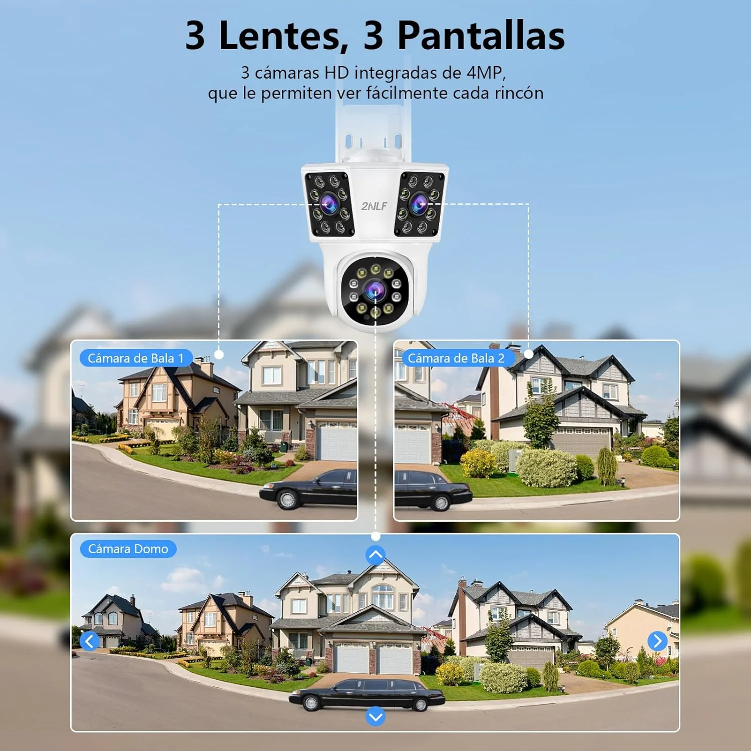 دوربین امنیتی فضای باز 4 مگاپیکسلی 2NLF با 3 لنز، دوربین امنیتی وای فای با دید 360 درجه، تشخیص حرکت، ردیابی خودکار، صدای دو طرفه