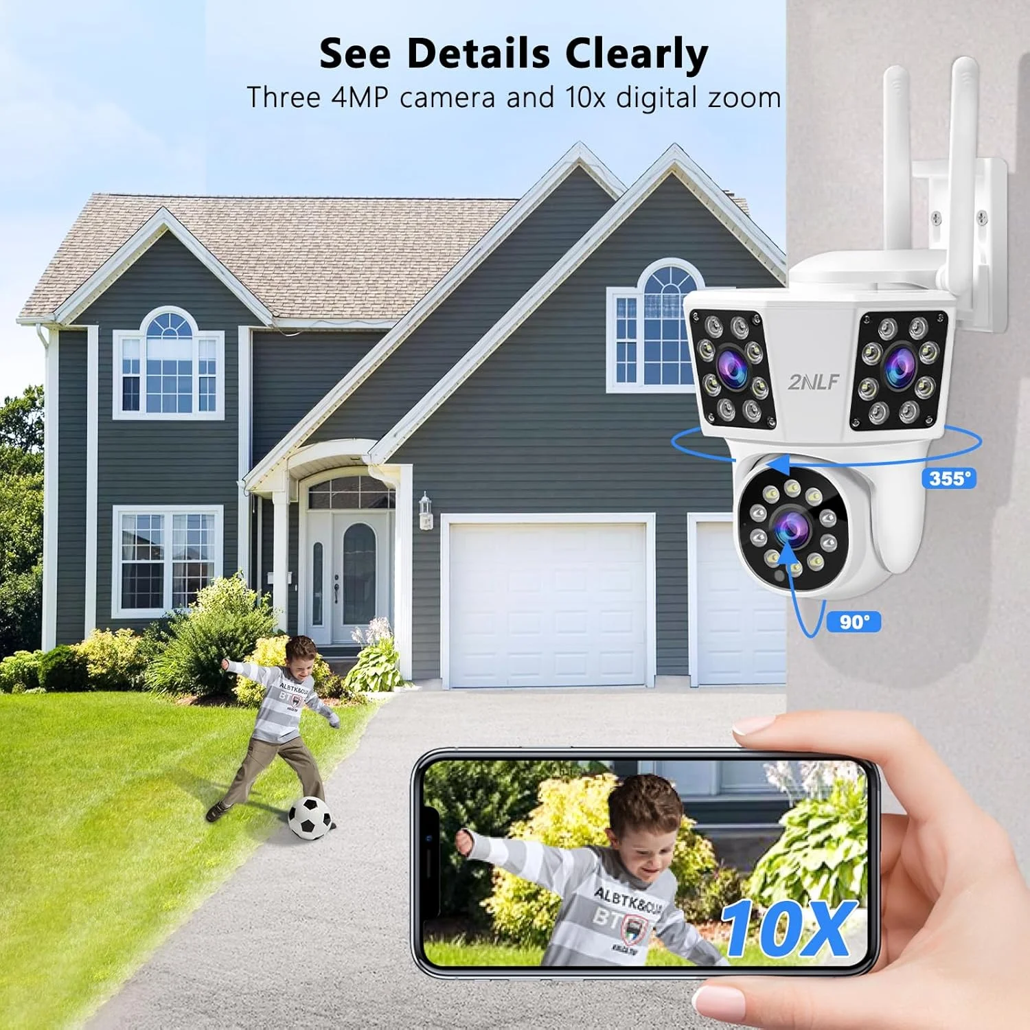 دوربین امنیتی فضای باز 4 مگاپیکسلی 2NLF با 3 لنز، دوربین امنیتی وای فای با دید 360 درجه، تشخیص حرکت، ردیابی خودکار، صدای دو طرفه