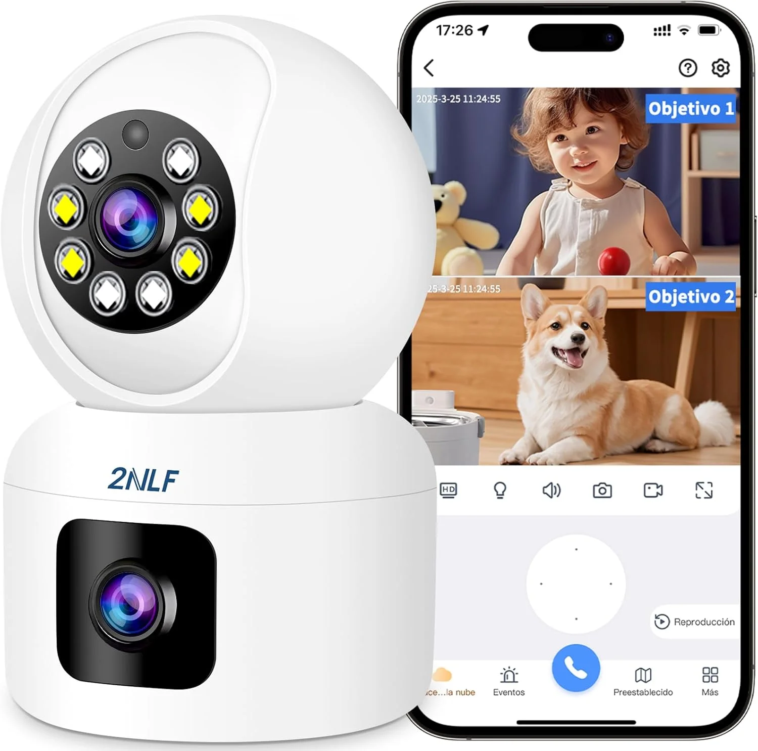 دوربین امنیتی داخلی 4 مگاپیکسلی 2NLF با لنز دوگانه، PTZ 360 درجه، دید در شب رنگی، صدای دو طرفه، تشخیص حرکت و ردیابی خودکار، پشتیبانی از کارت TF (تا 128 گیگابایت) و فضای ذخیره سازی ابری، فقط WiFi 2.4GHz