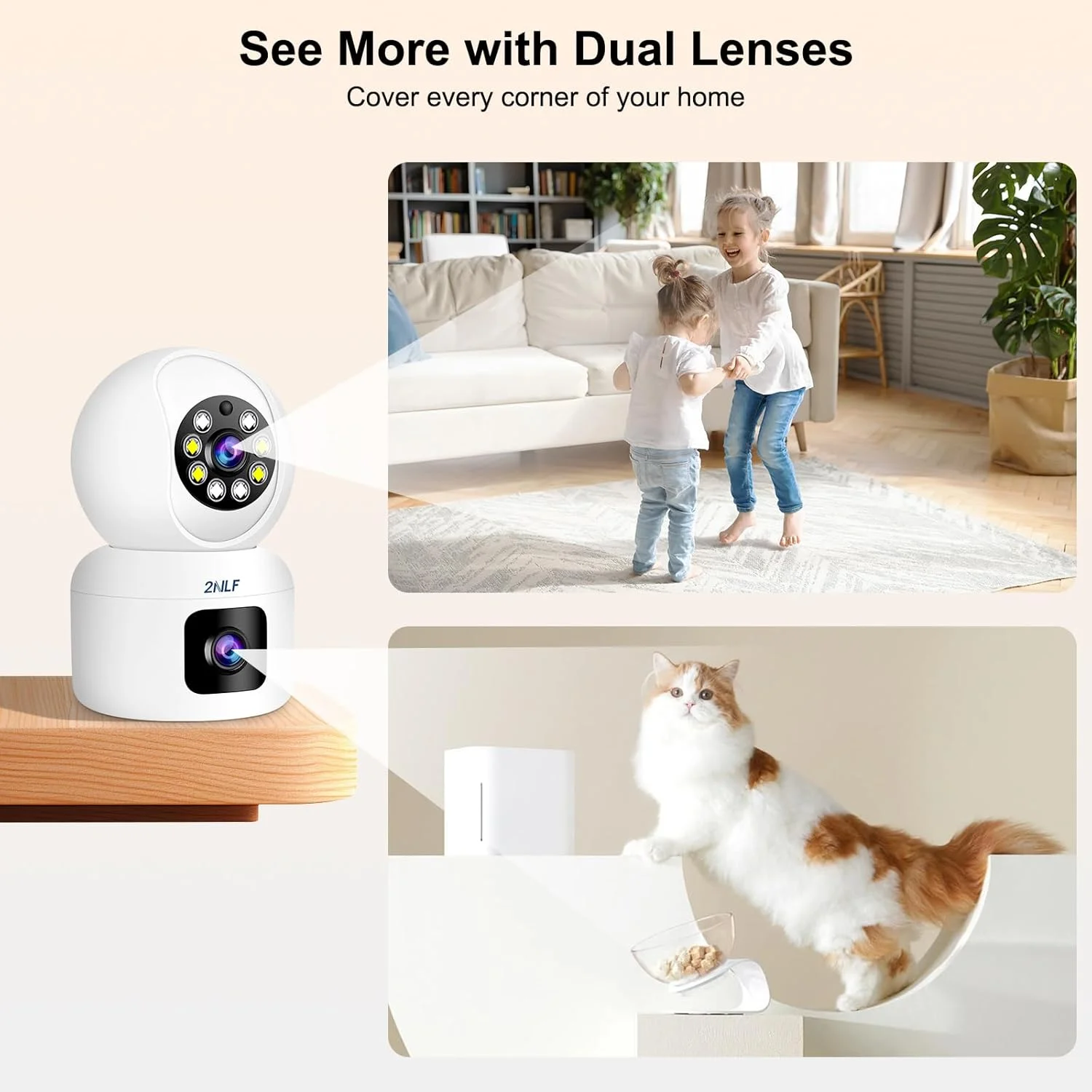 دوربین امنیتی داخلی 4 مگاپیکسلی 2NLF با لنز دوگانه، PTZ 360 درجه، دید در شب رنگی، صدای دو طرفه، تشخیص حرکت و ردیابی خودکار، پشتیبانی از کارت TF (تا 128 گیگابایت) و فضای ذخیره سازی ابری، فقط WiFi 2.4GHz