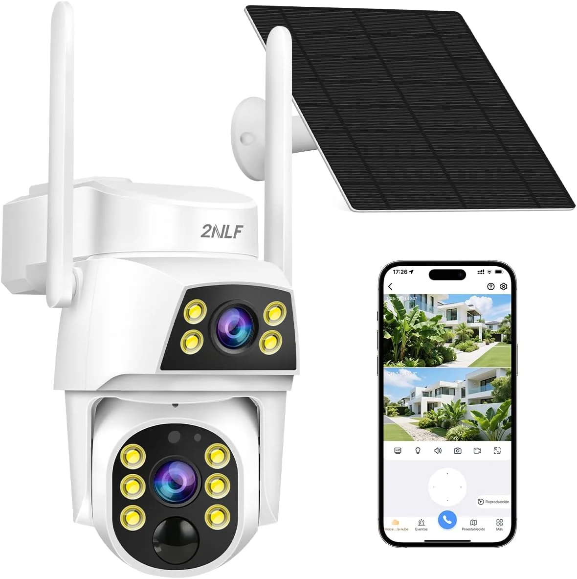 دوربین های امنیتی خورشیدی بی سیم 2NLF 2K با لنز دوگانه، دوربین فضای باز با باتری برای امنیت خانه، دوربین وای فای PTZ با دید 360 درجه با نورافکن، دید در شب رنگی و سنسور PIR، IP65