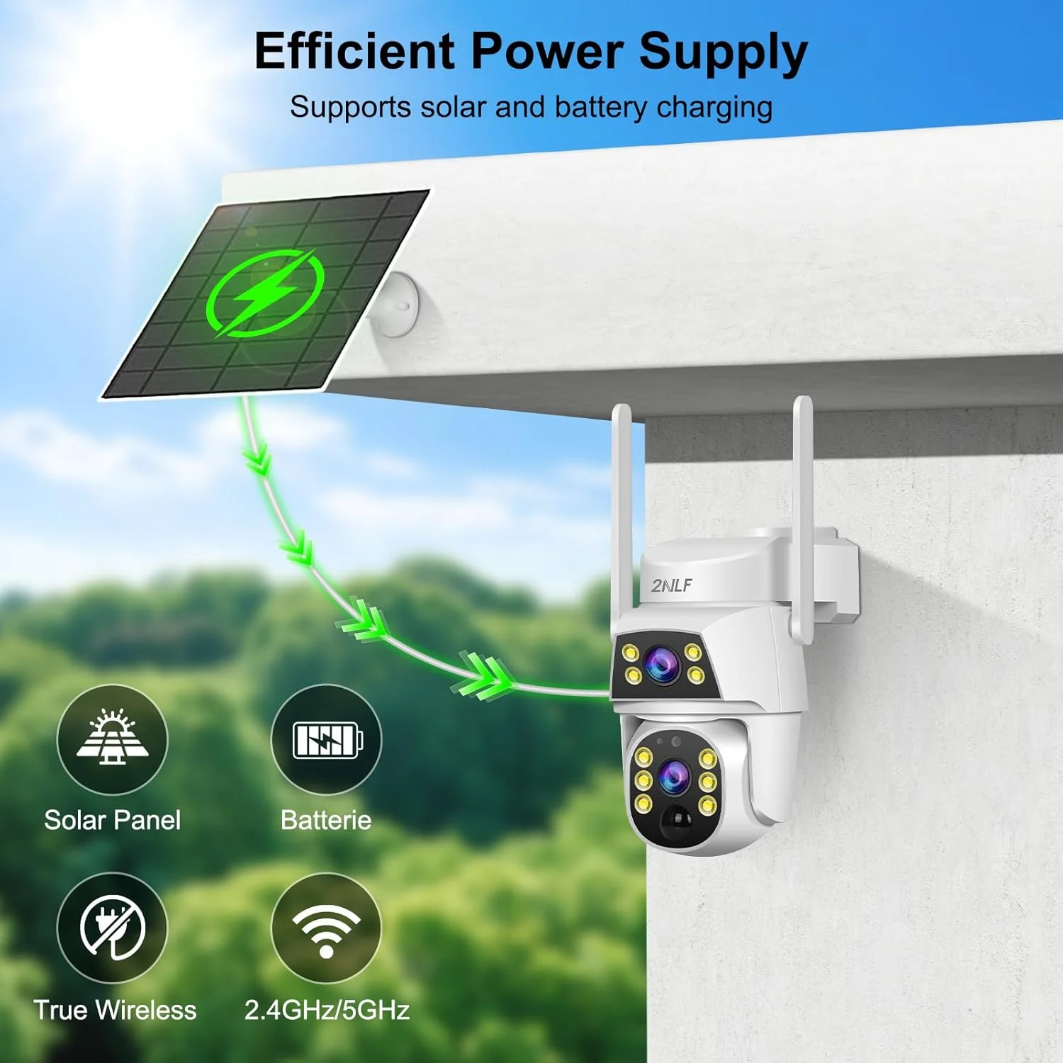 دوربین های امنیتی خورشیدی بی سیم 2NLF 2K با لنز دوگانه، دوربین فضای باز با باتری برای امنیت خانه، دوربین وای فای PTZ با دید 360 درجه با نورافکن، دید در شب رنگی و سنسور PIR، IP65