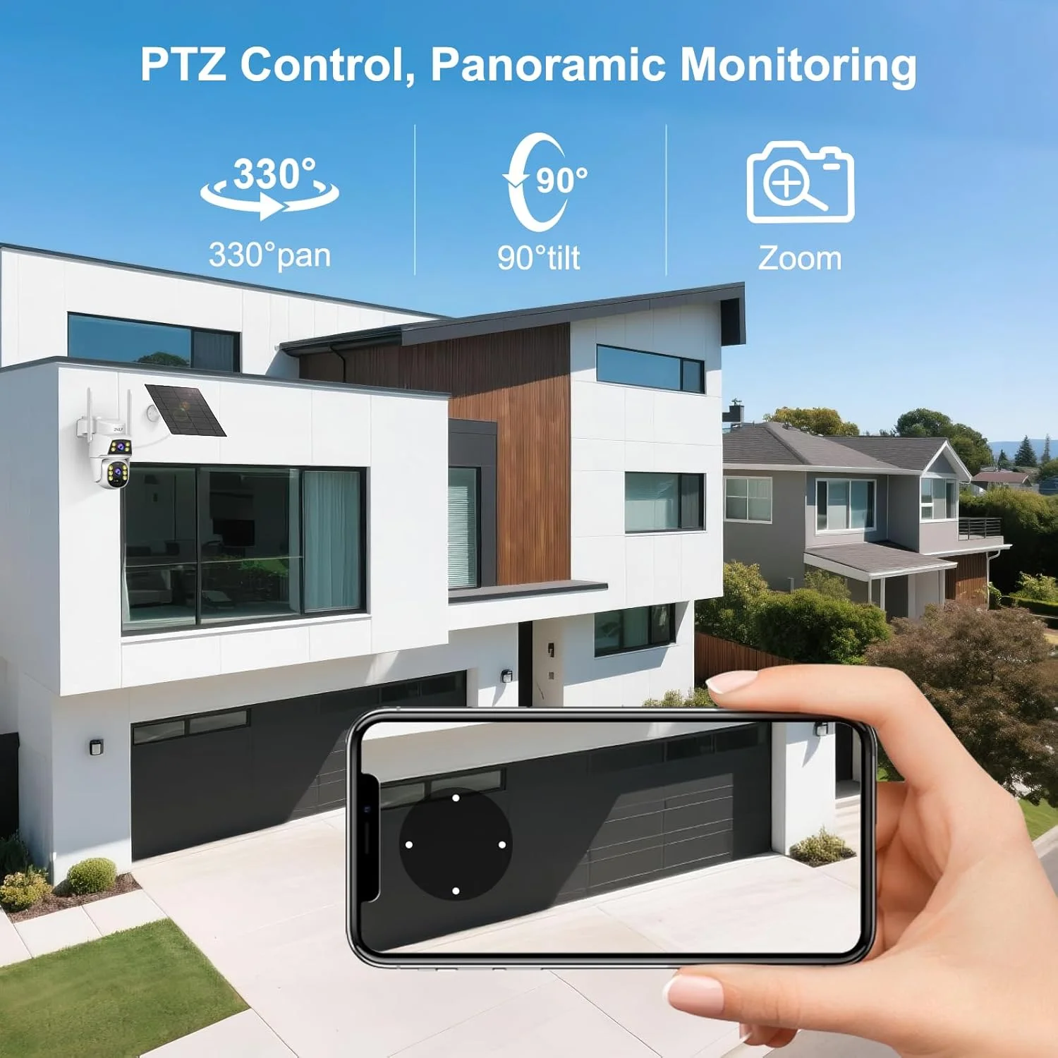 دوربین های امنیتی خورشیدی بی سیم 2NLF 2K با لنز دوگانه، دوربین فضای باز با باتری برای امنیت خانه، دوربین وای فای PTZ با دید 360 درجه با نورافکن، دید در شب رنگی و سنسور PIR، IP65