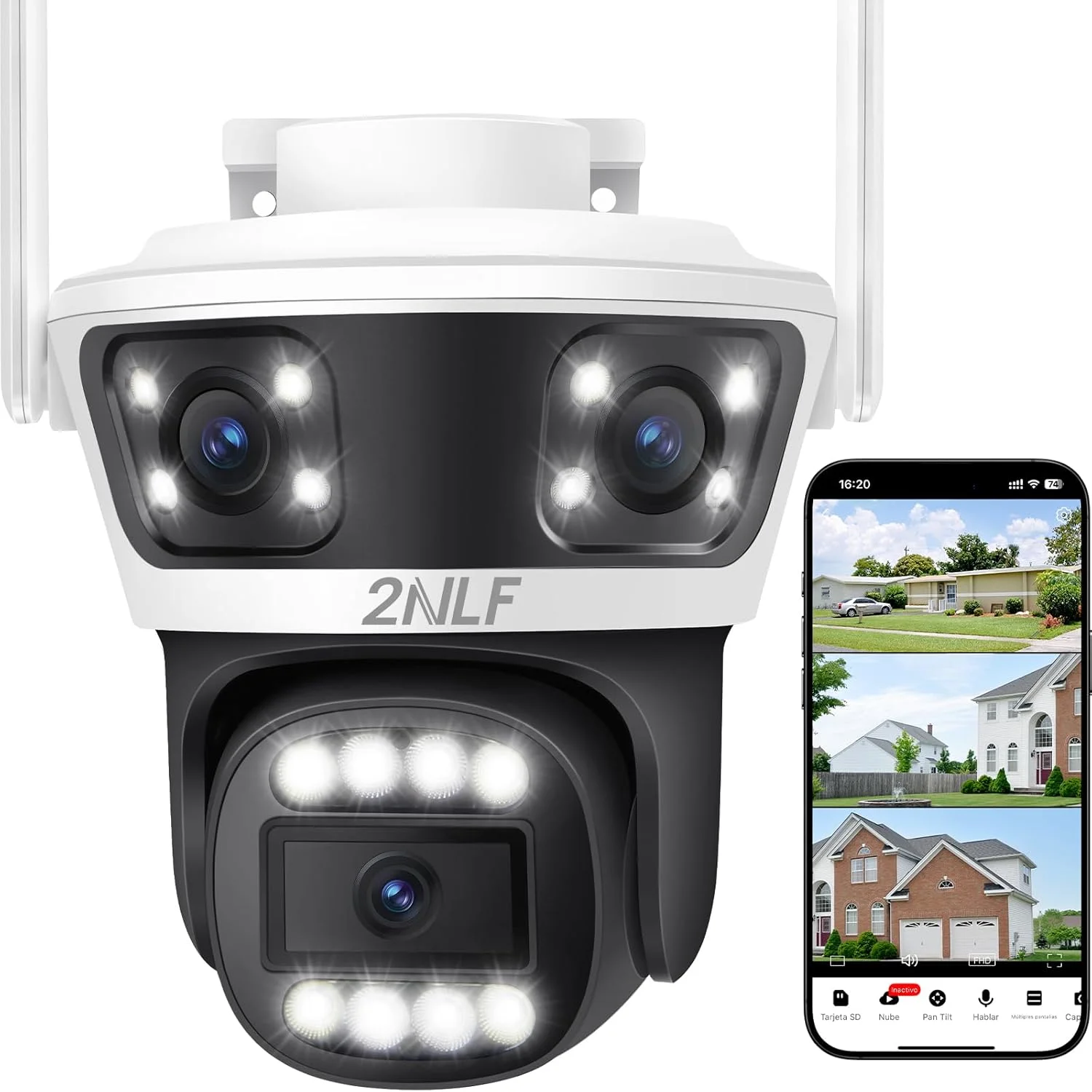 دوربین امنیتی فضای باز 2NLF با 3 لنز، PTZ 360 درجه، دوربین وای فای 4 مگاپیکسلی با دید در شب رنگی، زوم دیجیتال 10X، تشخیص حرکت و صدای دو طرفه، ضد آب IP66