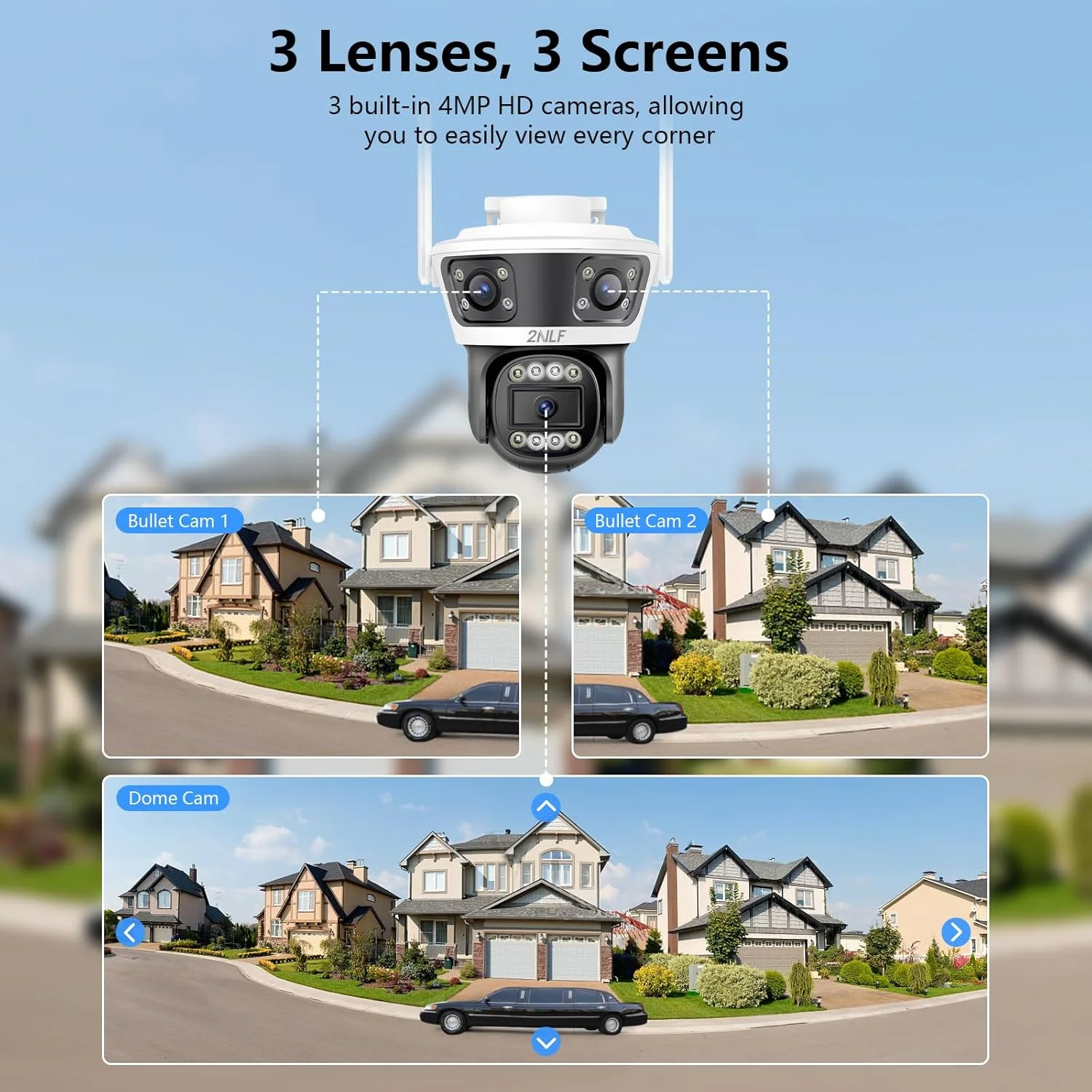 دوربین امنیتی فضای باز 2NLF با 3 لنز، PTZ 360 درجه، دوربین وای فای 4 مگاپیکسلی با دید در شب رنگی، زوم دیجیتال 10X، تشخیص حرکت و صدای دو طرفه، ضد آب IP66