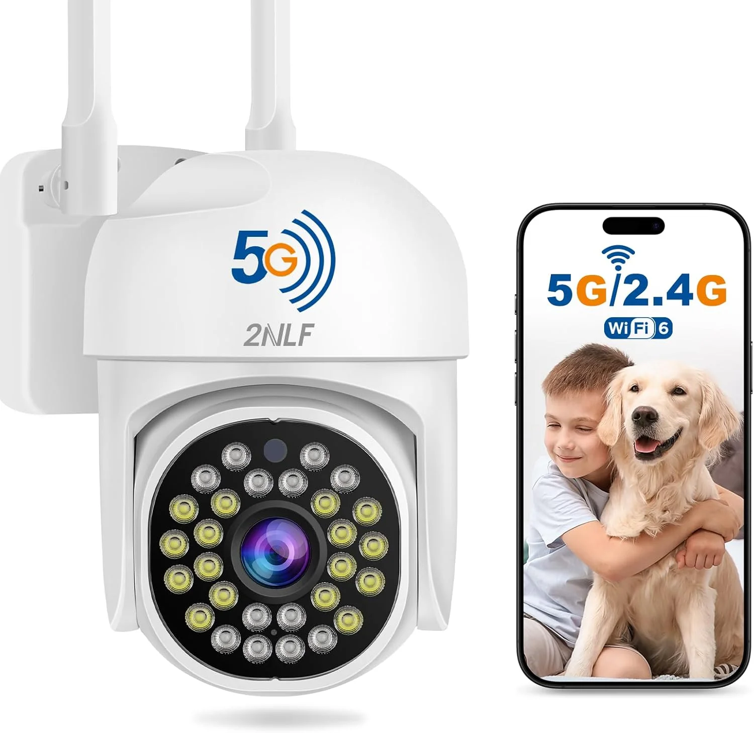دوربین امنیتی بی سیم خارجی 2NLF با کیفیت 1080P HD، دوربین امنیتی PTZ وای فای 5 گیگاهرتز و 2.4 گیگاهرتز با دید 360 درجه، تشخیص حرکت، دید در شب رنگی، صدای دو طرفه، ذخیره سازی SD/Cloud، ضد آب IP66