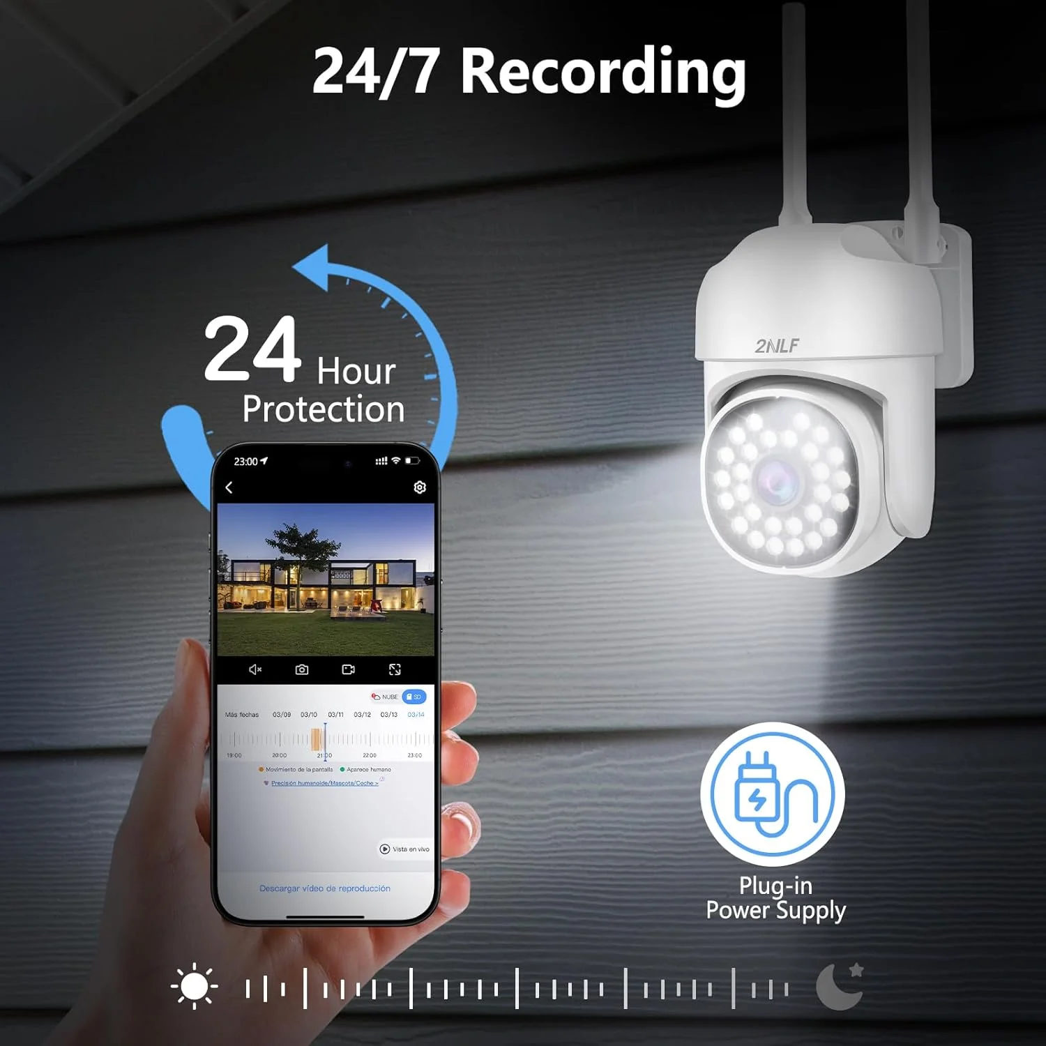 دوربین امنیتی بی سیم خارجی 2NLF با کیفیت 1080P HD، دوربین امنیتی PTZ وای فای 5 گیگاهرتز و 2.4 گیگاهرتز با دید 360 درجه، تشخیص حرکت، دید در شب رنگی، صدای دو طرفه، ذخیره سازی SD/Cloud، ضد آب IP66