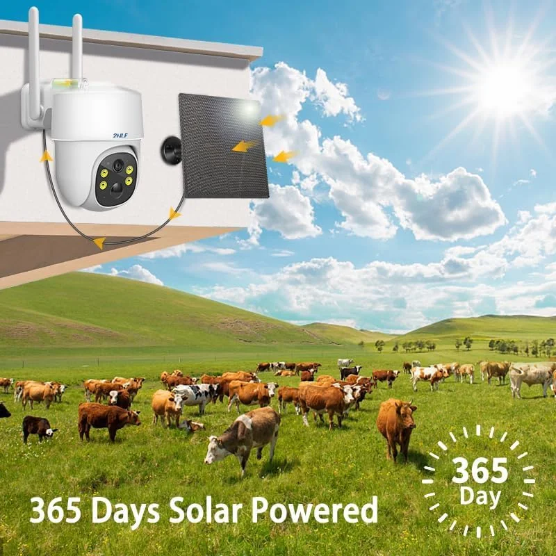 دوربین مداربسته خورشیدی 4G LTE مدل 2NLF، دوربین مداربسته بی‌سیم 2K PTZ، دید در شب رنگی، تشخیص حرکت PIR، صدای دو طرفه، ذخیره‌سازی ابری و کارت TF، ضد آب IP66