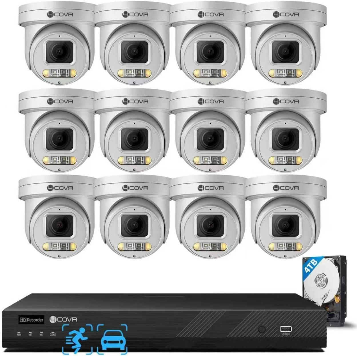 سیستم دوربین مداربسته چرخشی 16 کانال PoE 4COVR، دوربین های چرخشی 5 مگاپیکسلی IP با صدای دو طرفه، چرخش 280 درجه افقی و 90 درجه عمودی، زوم اپتیکال 5X، دید در شب رنگی هوشمند، تشخیص انسان و وسیله نقلیه، دستگاه ضبط 4K با هارد 4 ترابایتی، مدل LY5XCP5M1612