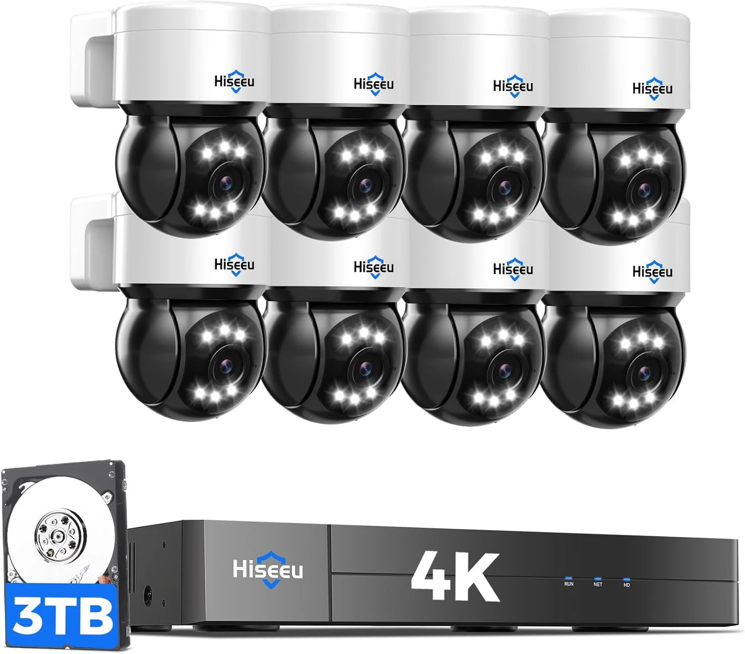 دوربین مداربسته تحت شبکه 4K PoE هایسیو با قابلیت چرخش 330 درجه افقی و 90 درجه عمودی و ردیابی انسان، سیستم دوربین مداربسته NVR با 8 دوربین 8 مگاپیکسلی PoE PTZ مناسب فضای باز و داخل، صدای دو طرفه، دید در شب رنگی، ضبط 24/7