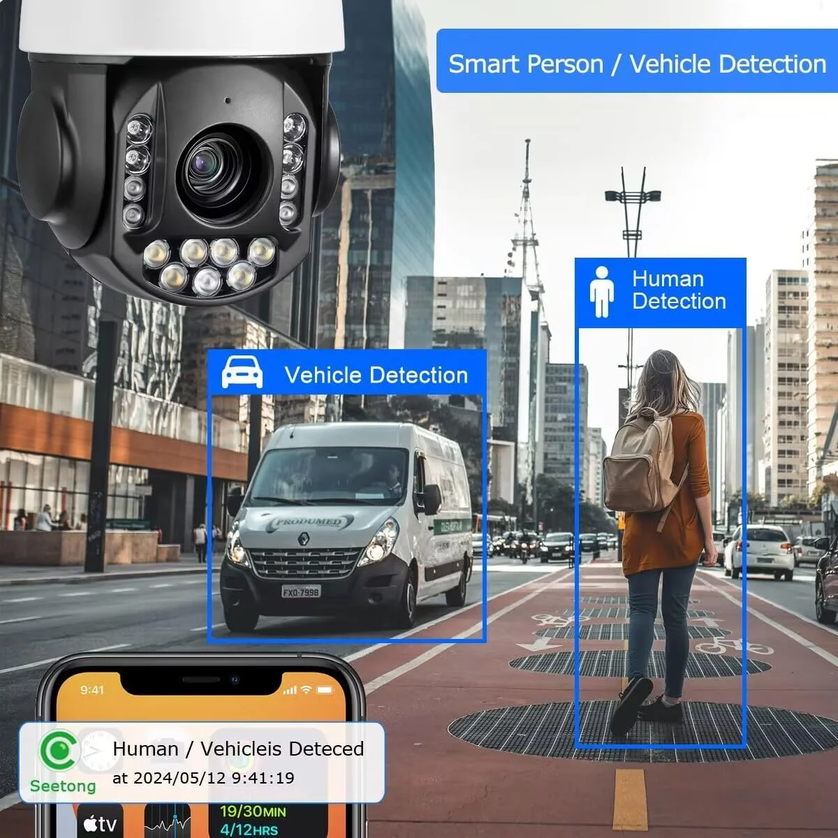 دوربین دام PTZ با قابلیت ردیابی خودکار 8 مگاپیکسل 4K 25X 5.3-130mm، دوربین امنیتی تشخیص انسان و وسیله نقلیه با سیم PoE IP، دید در شب رنگی با نورافکن 320 فوت IR، آلارم صوتی 2 طرفه، برای NVR، برنامه موبایل 360 چرخش مداوم