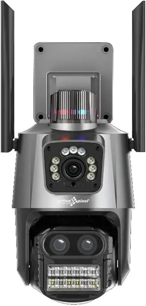 دوربین مداربسته بی‌سیم PTZ دوگانه 4+4 مگاپیکسل Active Pixel مناسب فضای باز با قابلیت چرخش 360 درجه، دید در شب، زوم 8 برابر، پشتیبانی از کارت حافظه MicroSD تا 128 گیگابایت، تشخیص حرکت و آلارم