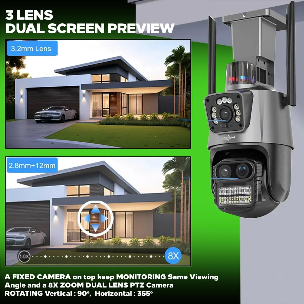 دوربین مداربسته بی‌سیم PTZ دوگانه 4+4 مگاپیکسل Active Pixel مناسب فضای باز با قابلیت چرخش 360 درجه، دید در شب، زوم 8 برابر، پشتیبانی از کارت حافظه MicroSD تا 128 گیگابایت، تشخیص حرکت و آلارم