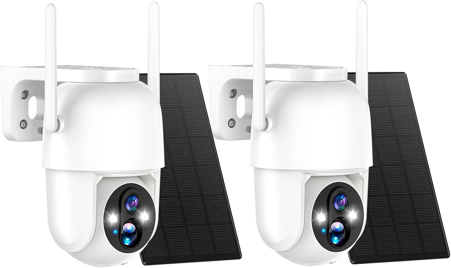 دو عدد دوربین امنیتی خورشیدی وای فای فضای باز، با قابلیت چرخش 355 درجه، ضد آب IP65، با باتری قابل شارژ بی سیم، دوربین PTZ با کیفیت 2K 3MP با PIR، دید در شب رنگی، ارتباط دو طرفه، آنتن 4dbi