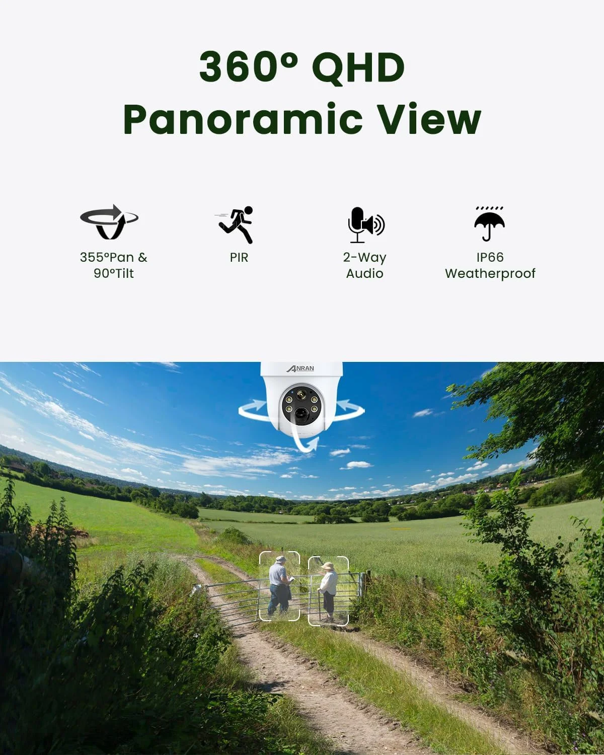 دوربین امنیتی خورشیدی 3G/4G LTE با قابلیت چرخش 360 درجه ANRAN، دوربین امنیتی 2K بدون نیاز به وای فای، دوربین باتری دار مناسب فضای باز، شامل سیم کارت و کارت حافظه SD 32 گیگابایتی، تشخیص حرکت PIR، دید در شب رنگی، صدای دو طرفه، G1 سفید