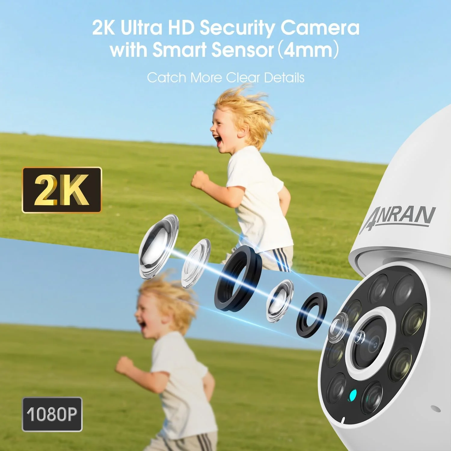 دوربین فضای باز ANRAN با نورافکن و آژیر، دوربین سیم دار 2K 2.4g WiFi PTZ با دید 360 درجه، دید در شب رنگی، ضد آب IP66، صدای دو طرفه، ذخیره سازی SD و ابری، P2 سفید