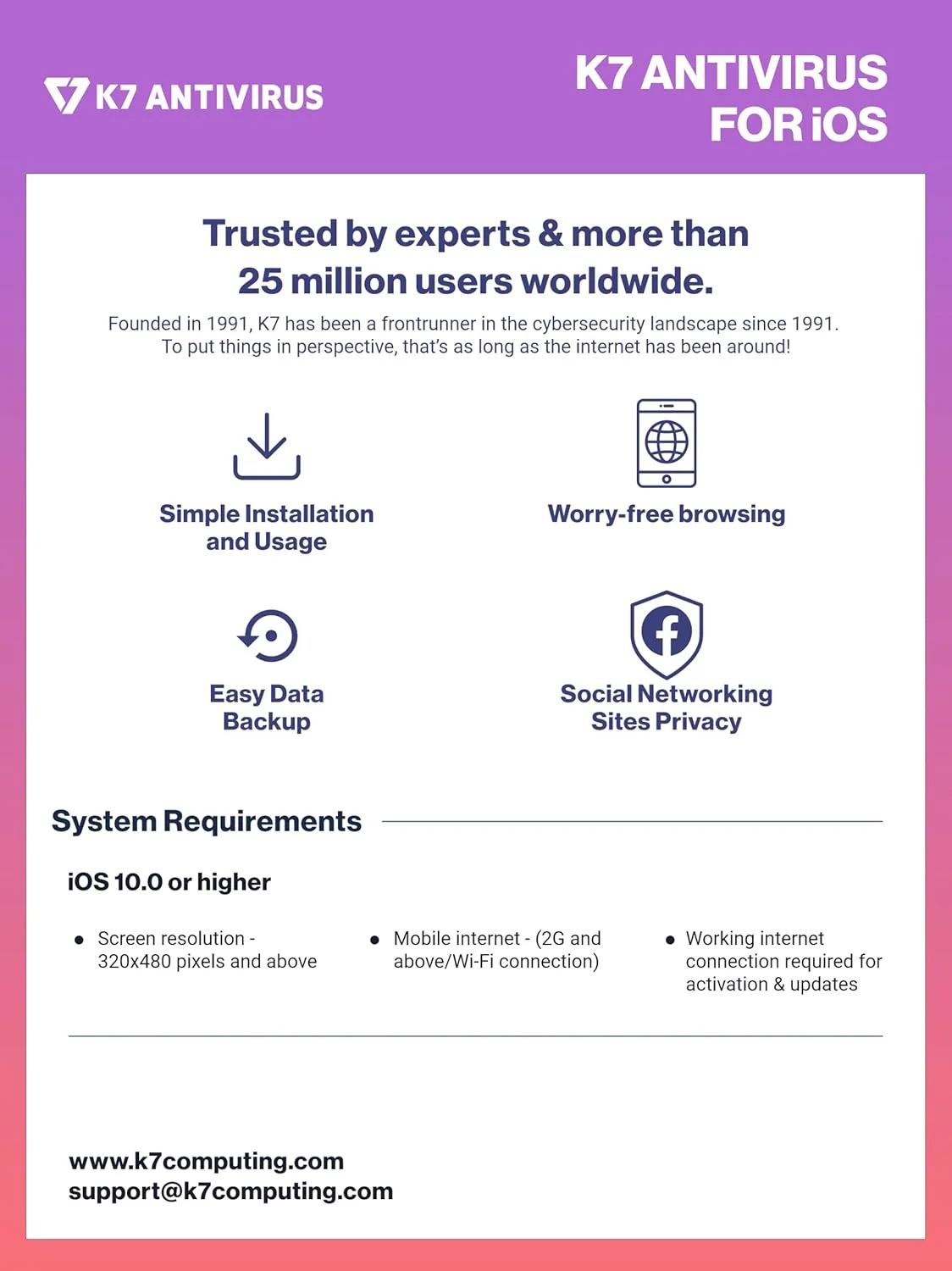 نرمافزار امنیت موبایل K7 برای iOS نسخه 2025 برای آیفون و آیپد | 1 کاربر، 1 سال | امنیت اینترنت، مرورگر امن، ضد سرقت، پشتیبانگیری از مخاطبین نرمافزار امنیت موبایل K7 برای iOS نسخه 2025 برای آیفون و آیپد | 1 کاربر، 1 سال | امنیت اینترنت، مرورگر امن، ضد سرقت، پشتیبانگیری از مخاطبین