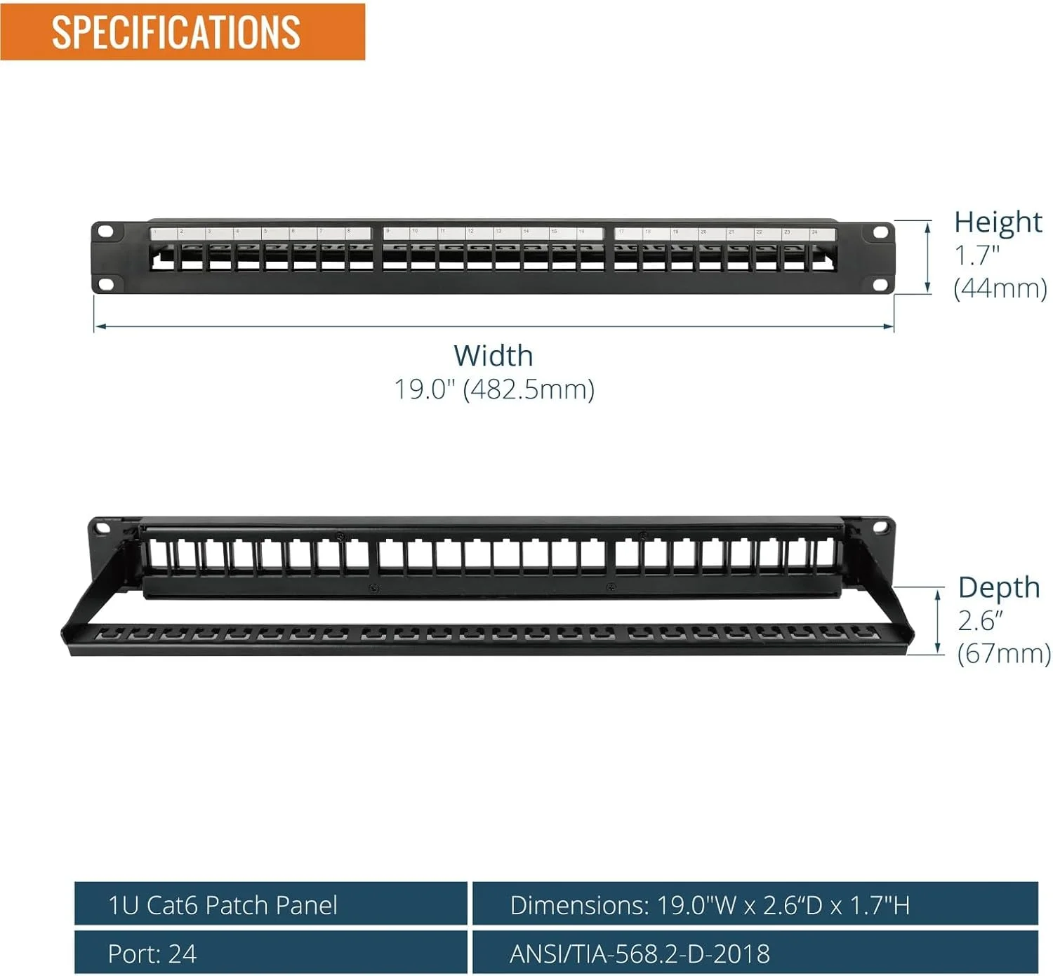 پنل پچ خالی 24 پورت Tecmojo، محفظه رک مونت 1U 19 اینچی با میله پشتیبانی مدیریت کابل، مشکی