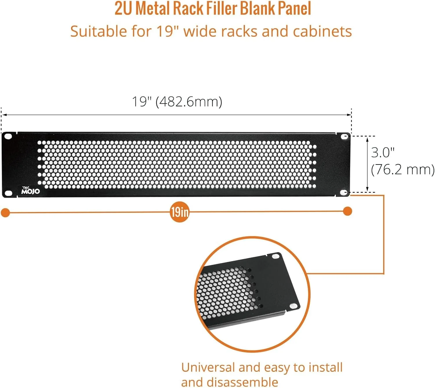 پنل خالی 2U Tecmojo، صفحه نصب رک برای رک سرور 19 اینچی، رک شبکه، محفظه ها و کابینت ها، دارای تهویه، مشکی (بسته 5 عددی)