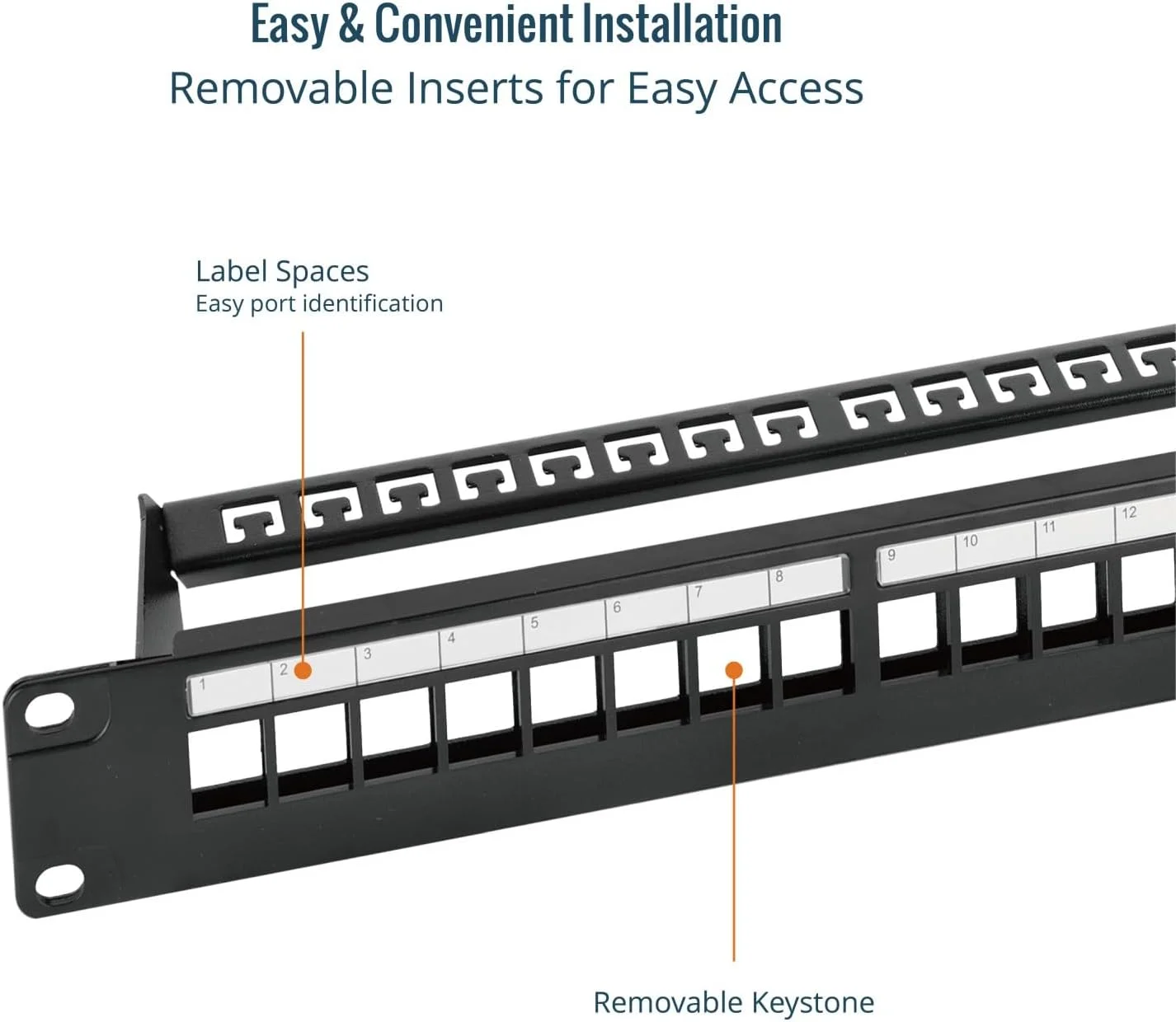 پنل پچ خالی 24 پورت Tecmojo، محفظه رک مونت 1U 19 اینچی با میله پشتیبانی مدیریت کابل، مشکی