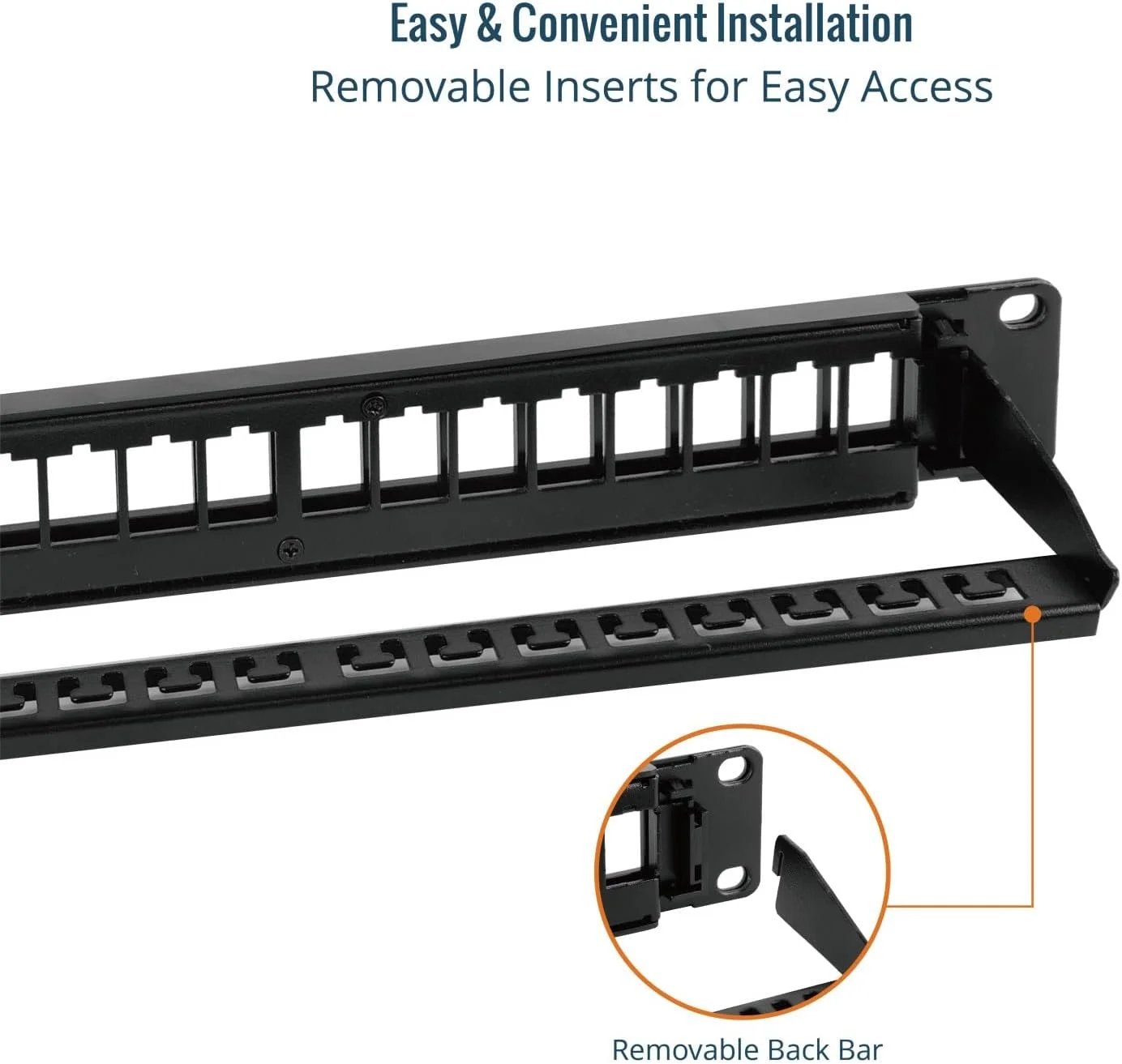 پنل پچ خالی 24 پورت Tecmojo، محفظه رک مونت 1U 19 اینچی با میله پشتیبانی مدیریت کابل، مشکی