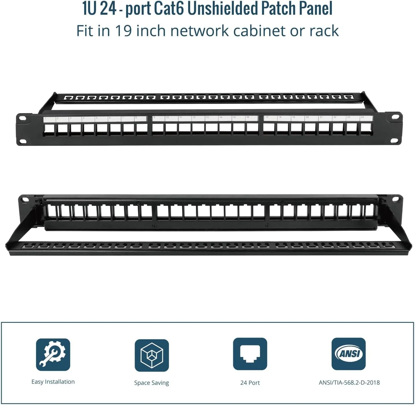 پنل پچ خالی 24 پورت Tecmojo، محفظه رک مونت 1U 19 اینچی با میله پشتیبانی مدیریت کابل، مشکی