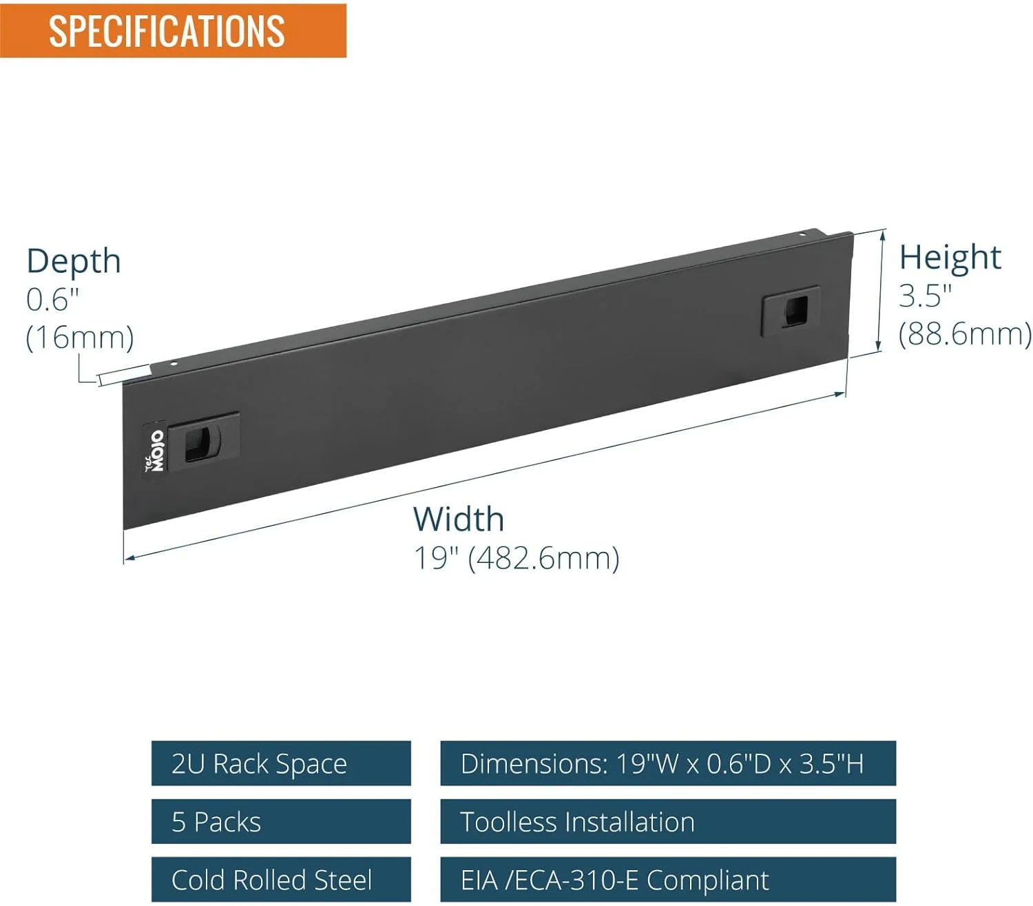 پنل خالی 2U Tecmojo، بسته 5 عددی، پنل خالی رک فولادی نورد سرد، صفحه نصب رک برای محفظه رک سرور 19 اینچی یا کابینت شبکه، نصب بدون ابزار، مشکی