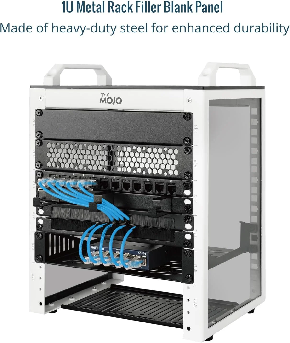 پنل پوششی رک 1U تِک موجو، بسته 2 عددی، فیلر پنل پچ استیل برای رک سرور 10 اینچی، کابینت شبکه، مرکز داده، آزمایشگاه خانگی، مشکی