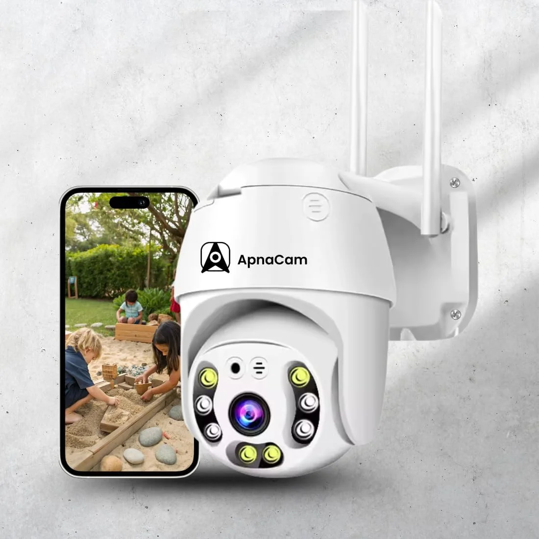 دوربین مداربسته وای فای چرخشی 3 مگاپیکسلی ApnaCam مناسب فضای باز، استاندارد IP66، دارای صدای دو طرفه، آلارم تشخیص حرکت، قابلیت ضبط روی کارت SD، دارای 8 LED و نور مادون قرمز، سفید