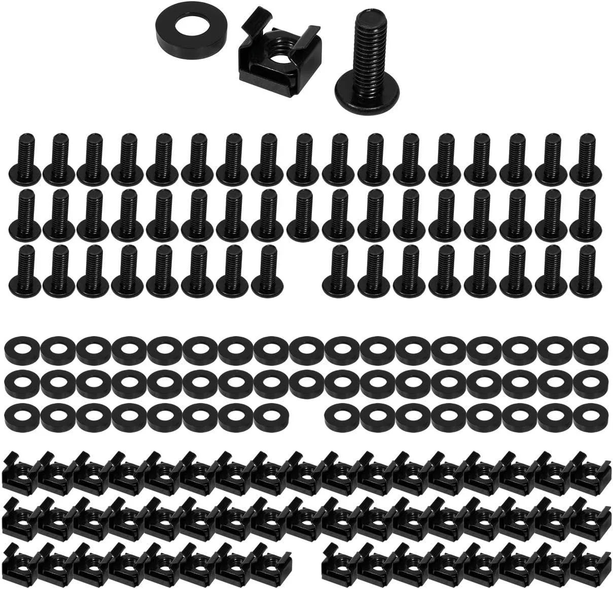 مجموعه پیچ و مهره نصب Faconet® 50 x 6 میلی‌متری با واشر و مهره قفسی برای سیستم‌های رک سرور، مشکی