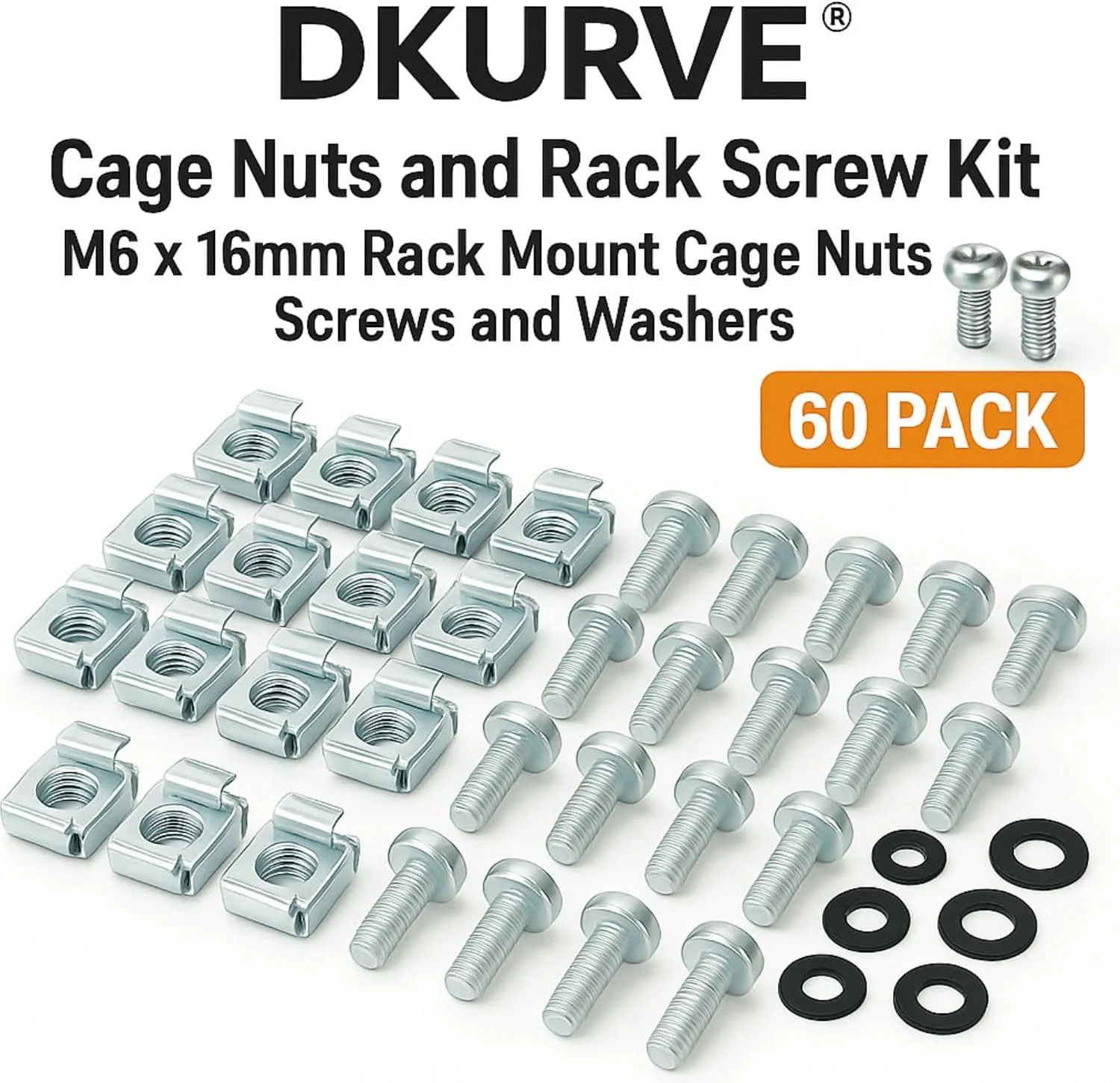 مهره قفسی و پیچ رک DKURVE® M6 x 16mm | پیچ های نصب رک، مهره قفسی و واشرهای لاستیکی برای کابینت سرور، رک های شبکه، روترها و قفسه ها (بسته 60 عددی) مهره قفسی و پیچ رک DKURVE® M6 x 16mm | پیچ های نصب رک، مهره قفسی و واشرهای لاستیکی برای کابینت سرور، رک های شبکه، روترها و قفسه ها (بسته 60 عددی)