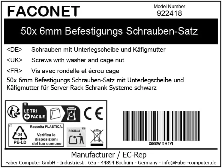 مجموعه پیچ و مهره نصب Faconet® 50 x 6 میلی‌متری با واشر و مهره قفسی برای سیستم‌های رک سرور، مشکی