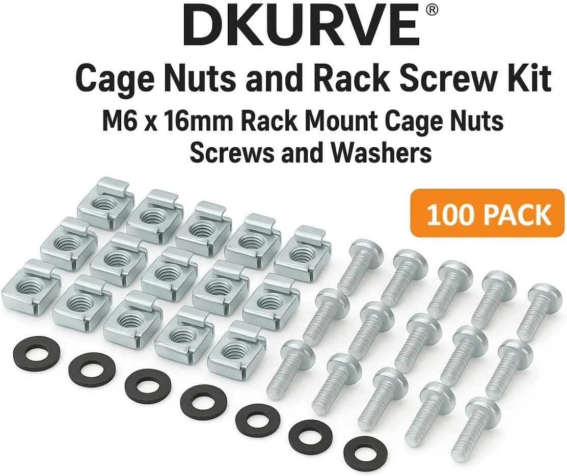 مهره قفسی و پیچ رک DKURVE® M6 x 16mm | پیچ های نصب رک، مهره قفسی و واشرهای لاستیکی برای کابینت سرور، رک های شبکه، روترها و قفسه ها (بسته 100 عددی) مهره قفسی و پیچ رک DKURVE® M6 x 16mm | پیچ های نصب رک، مهره قفسی و واشرهای لاستیکی برای کابینت سرور، رک های شبکه، روترها و قفسه ها (بسته 100 عددی)